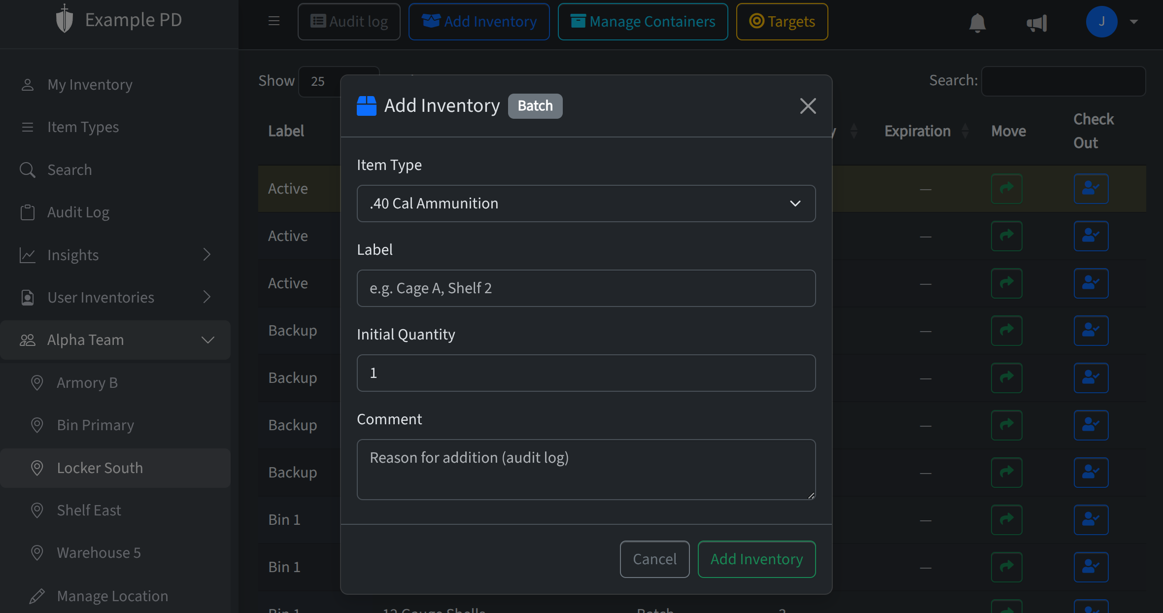 Add inventory form (item type, quantity, optional label/serial/expiration)