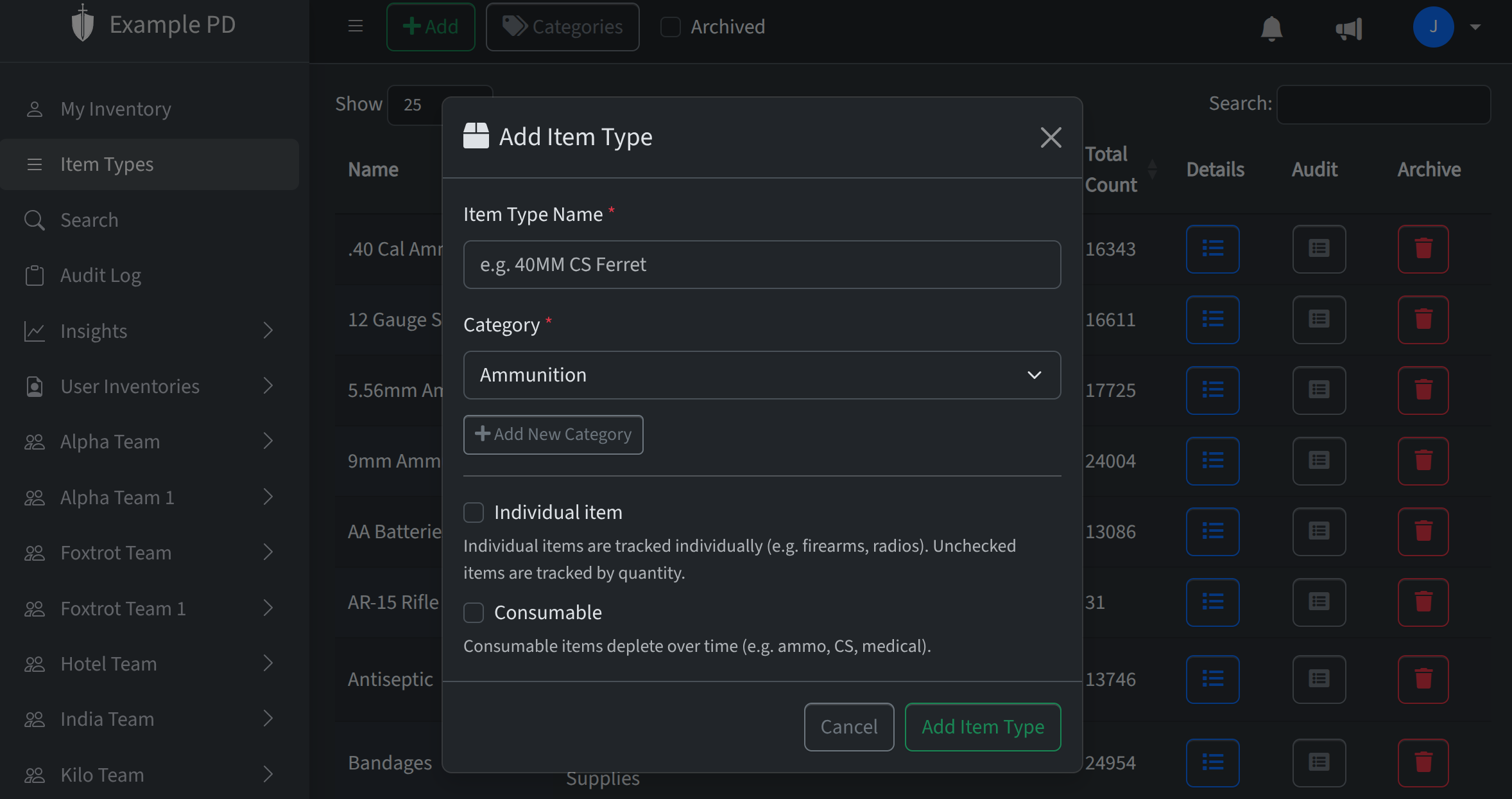 Add item type form (name, category, options)
