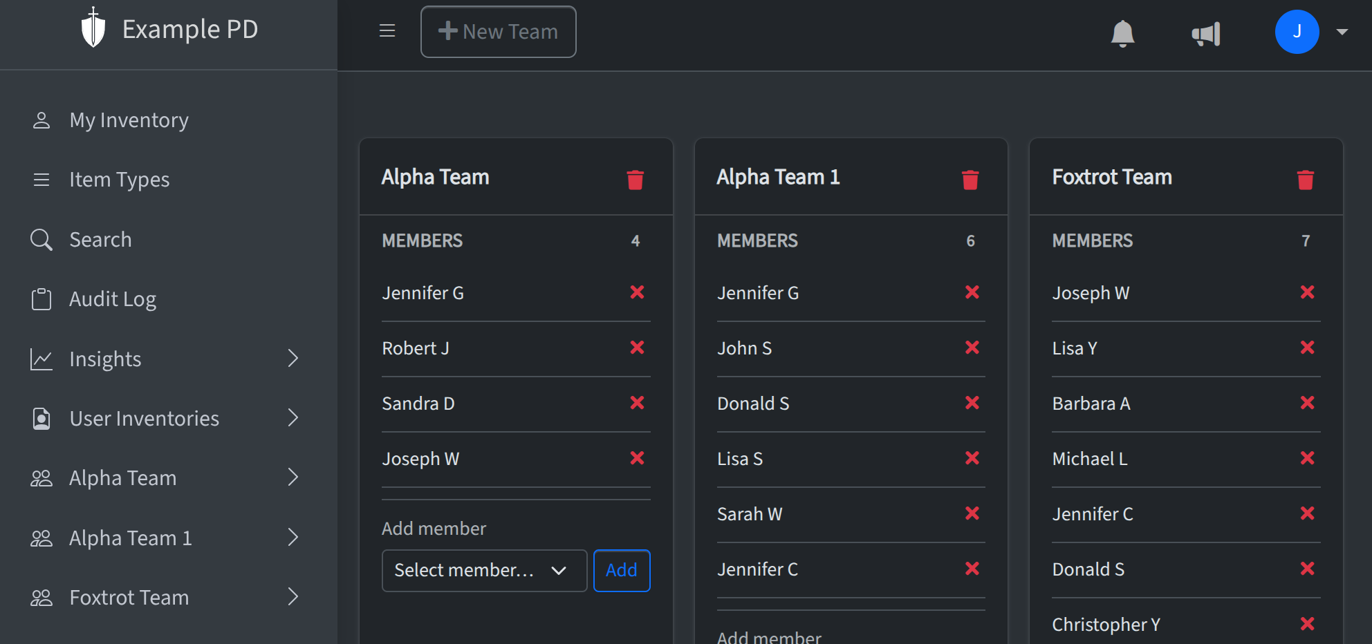Team card with Members list and Add member menu
